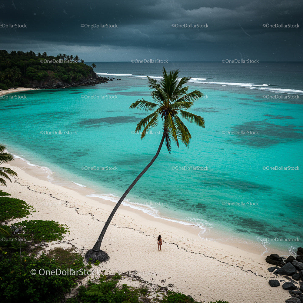 Tropical Beach with Leaning Palm Tree and Turquoise Ocean