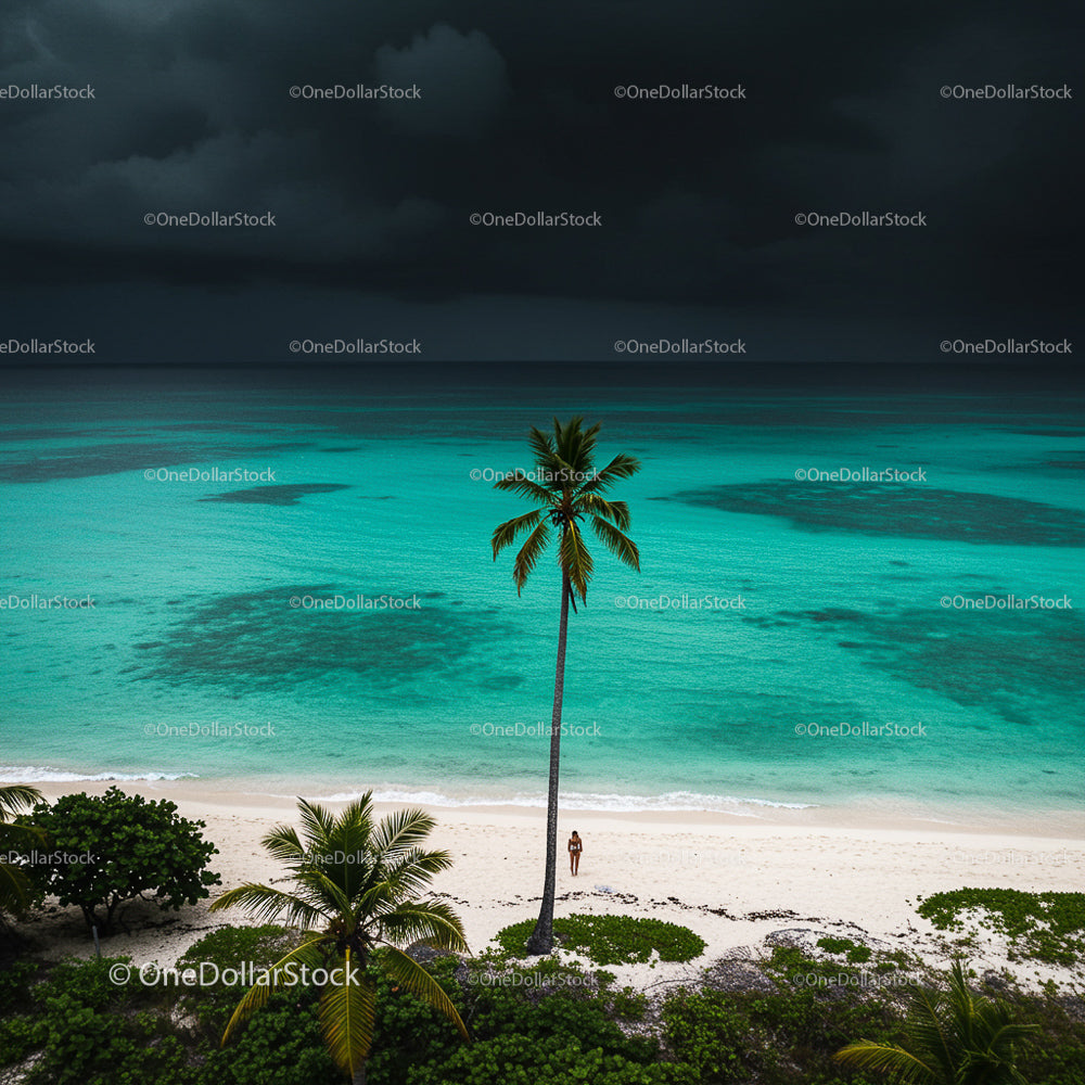Tropical Beach with Palm Tree and Stormy Sky