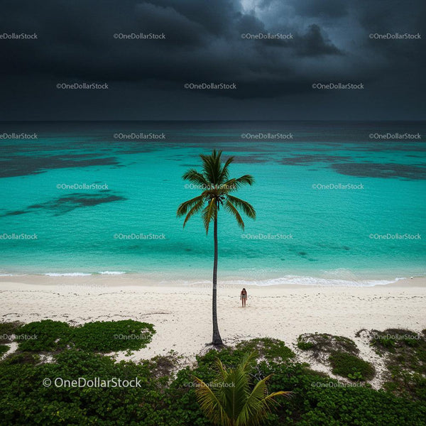 Lone Palm Tree on Tropical Beach with Stormy Sky