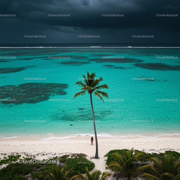 Tropical Beach with Lone Palm Tree and Turquoise Sea
