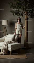 Elegant Woman in Modern Neutral Living Room