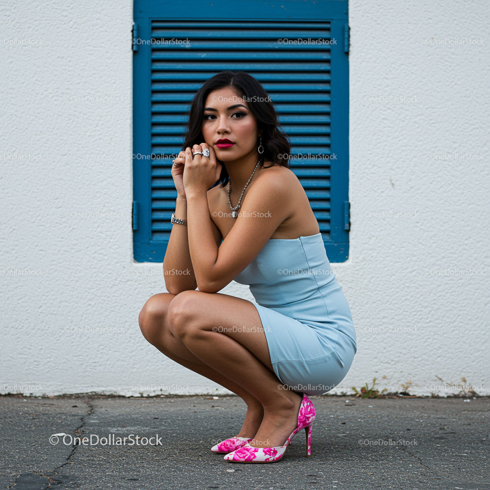 Woman in Stylish Blue Dress and Pink Heels on Urban Background