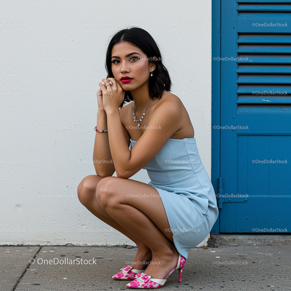 Stylish Woman in Blue Dress with Colorful Heels in Urban Setting