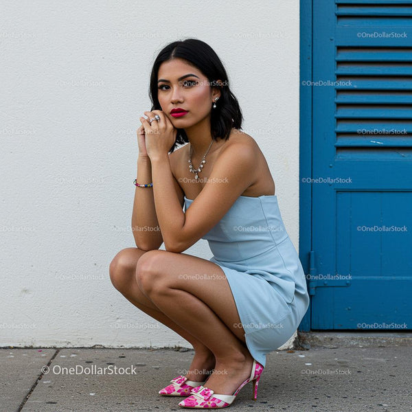 Stylish Woman in Blue Dress with Colorful Heels in Urban Setting