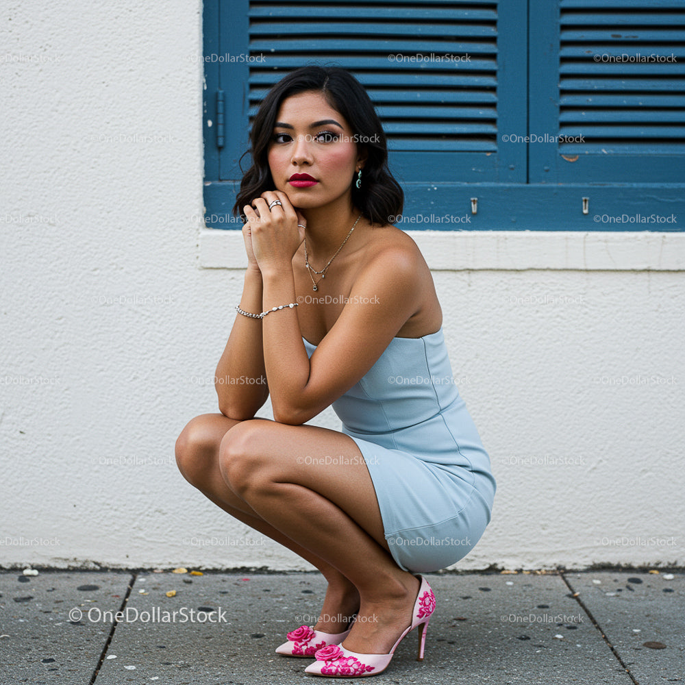 Stylish Woman in Elegant Light Blue Dress and Pink Heels