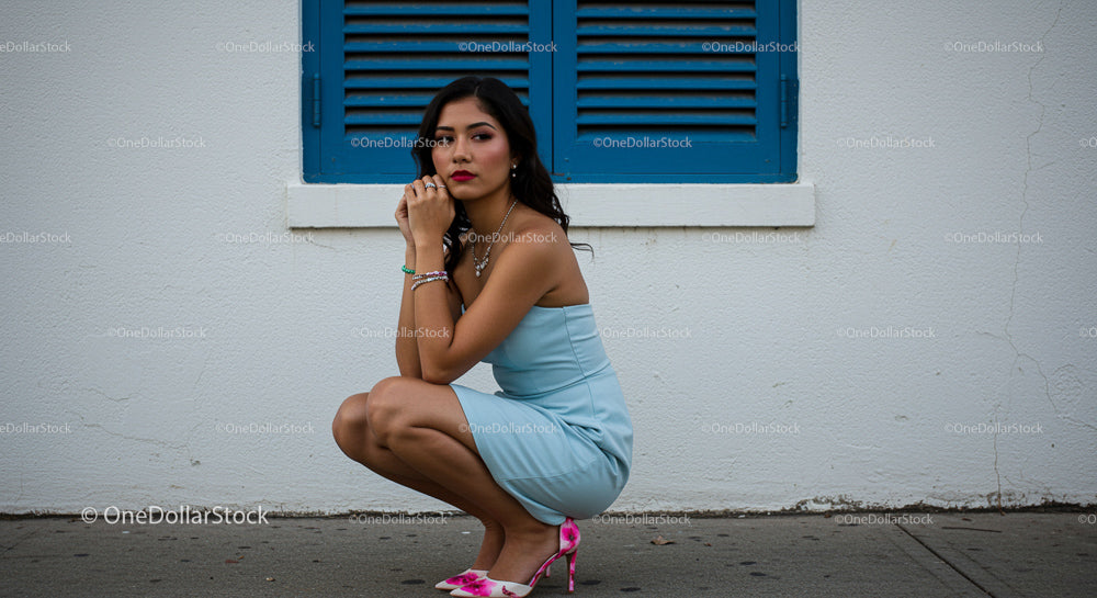 Stylish Woman in Blue Dress and Colorful Heels Outdoors