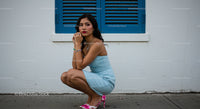 Stylish Woman in Blue Dress and Colorful Heels Outdoors