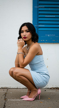 Confident Woman in Blue Dress Posing Outdoors
