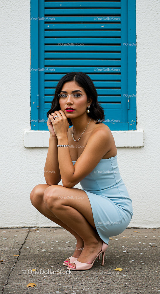 Fashionable Woman in Blue Dress and Pink Heels
