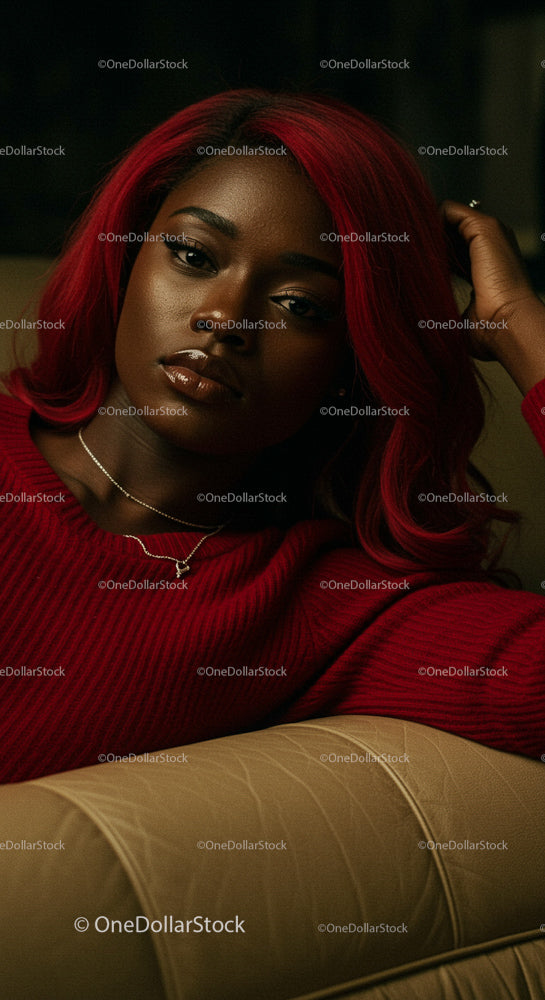 Stylish Woman with Red Hair Relaxing on Leather Couch