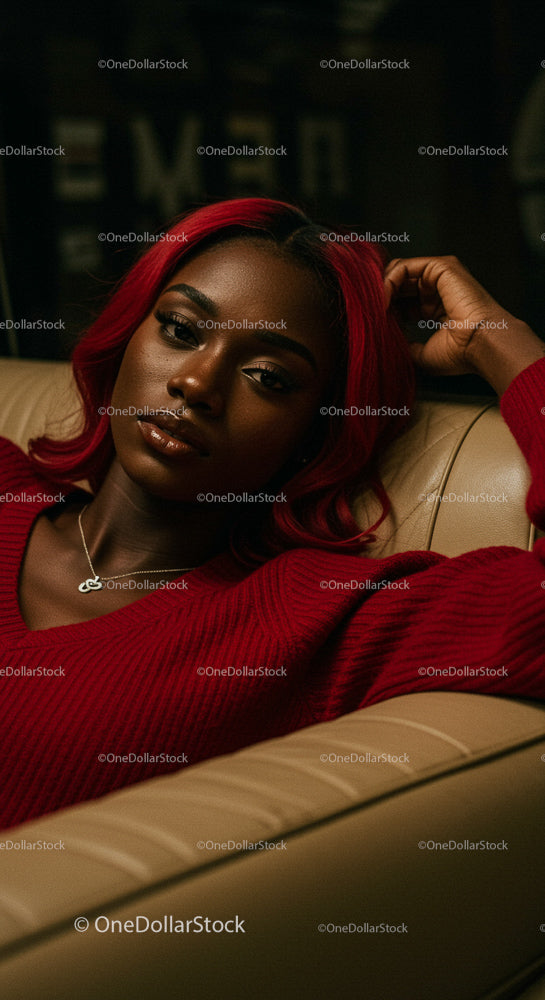 Elegant Woman with Red Hair Relaxing on Sofa