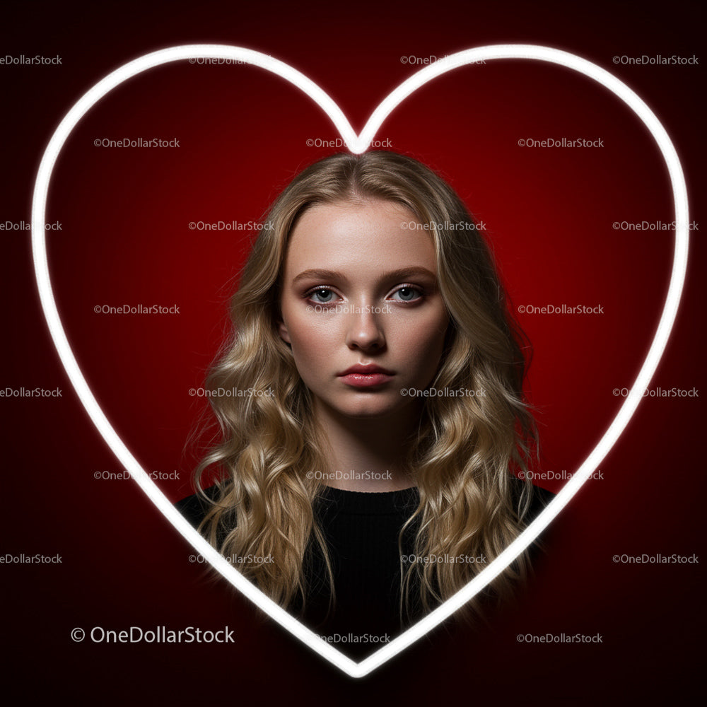 Blonde Woman Framed by Neon Heart on Red Background
