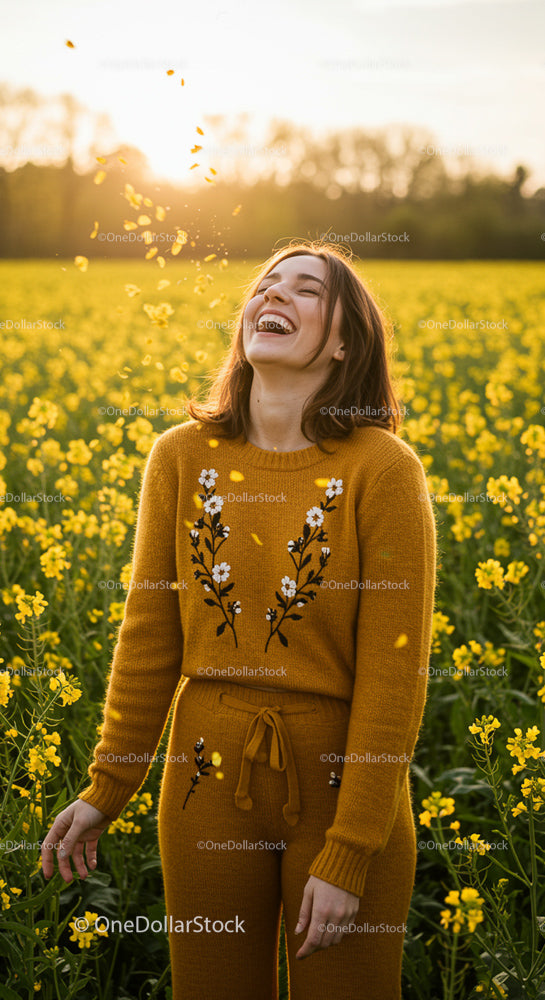 Joyful Woman Laughing in a Sunlit Mustard Field