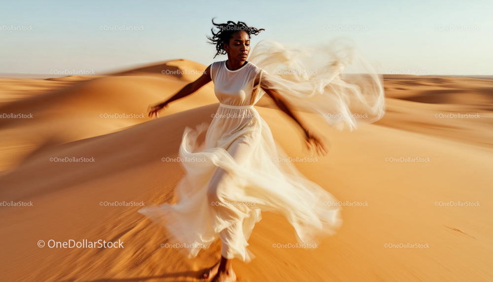 Woman in Flowing Dress Running Through Desert Dunes