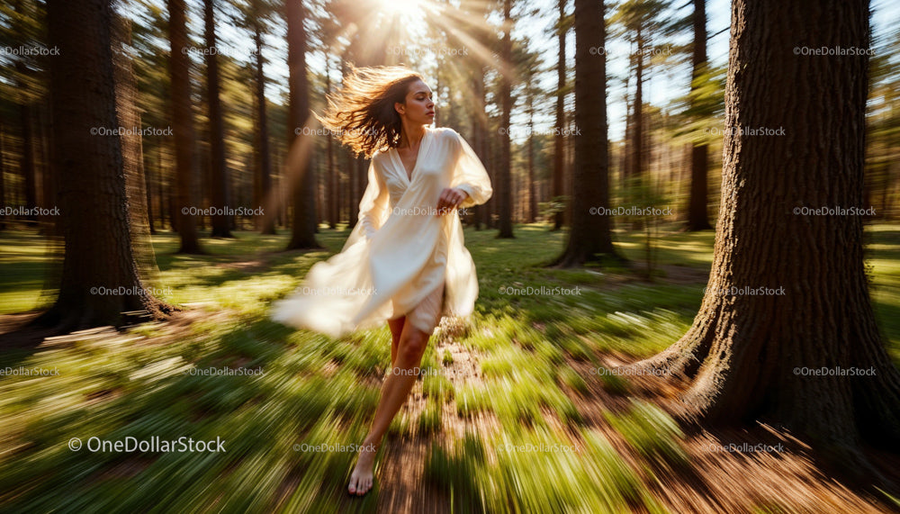 Woman in Flowing Dress Running Through Sunlit Forest