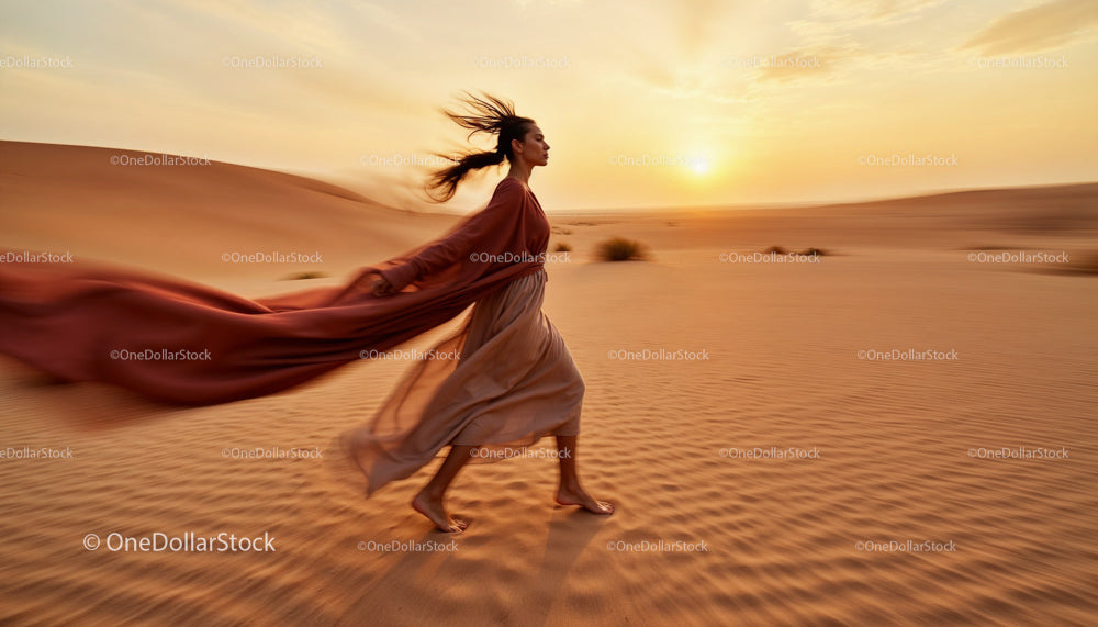 Woman in Flowing Dress Walking Through Desert at Sunset