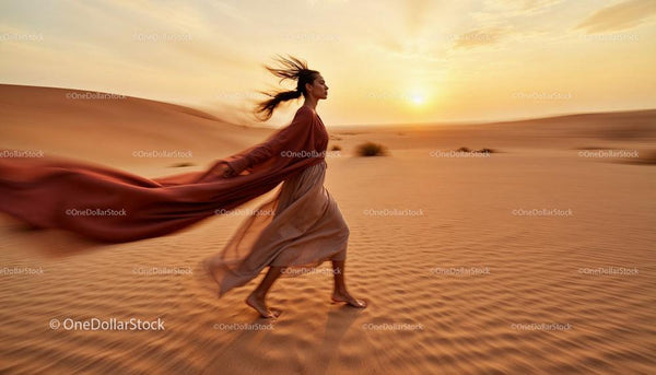 Woman in Flowing Dress Walking Through Desert at Sunset