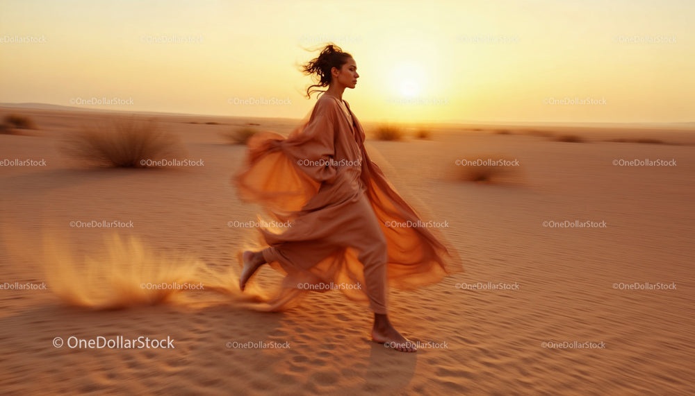 Woman Running Through Desert at Sunset