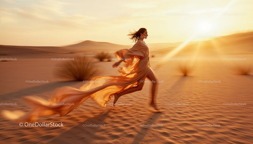 Woman Running in Flowing Dress Across Desert at Sunset