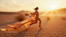 Woman Running in Flowing Dress Across Desert at Sunset