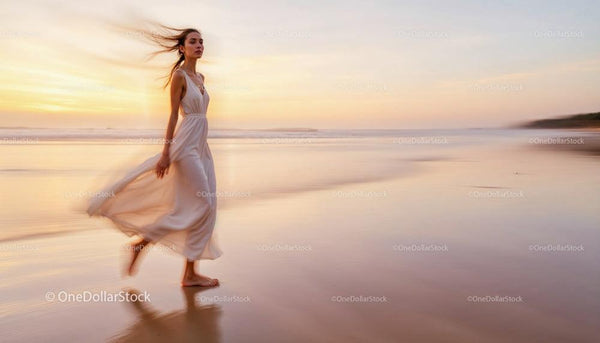 Elegant Woman in Flowing Dress on Serene Beach at Sunset