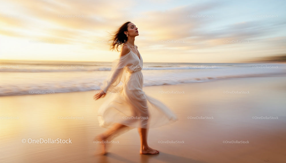 Elegant Woman Strolling on Sunset Beach in Flowing Dress