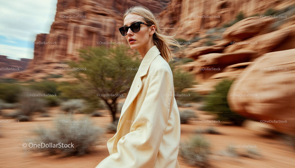 Stylish Woman in Beige Coat and Sunglasses in Desert Landscape