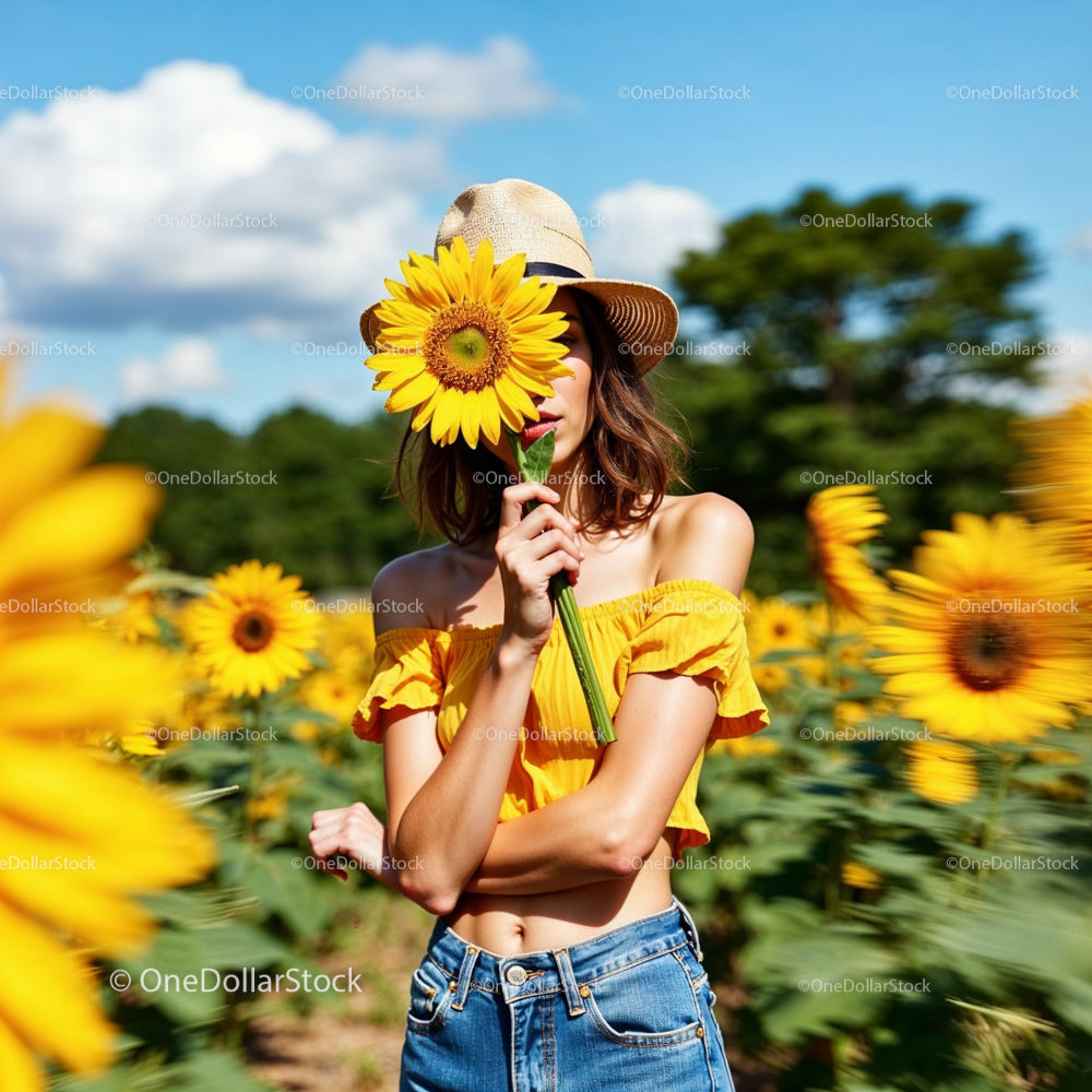Woman Enjoying a Sunny Day in a Sunflower Field