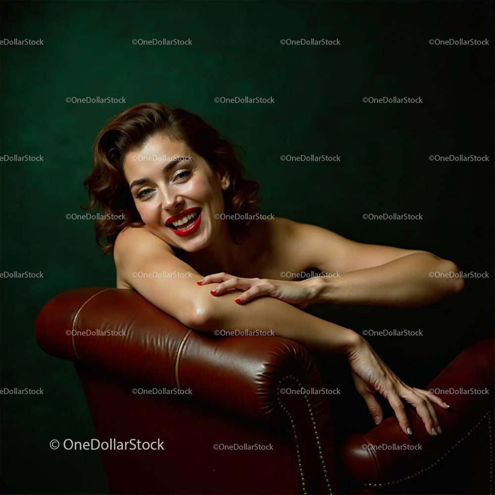Elegant Woman with Glamorous Smile on Leather Chair