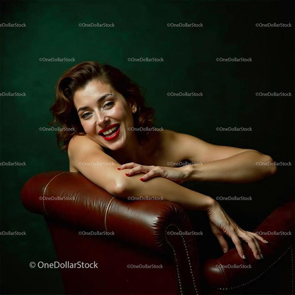 Elegant Woman with Glamorous Smile on Leather Chair