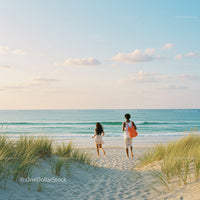 Family Running Towards a Serene Beach on a Sunny Day