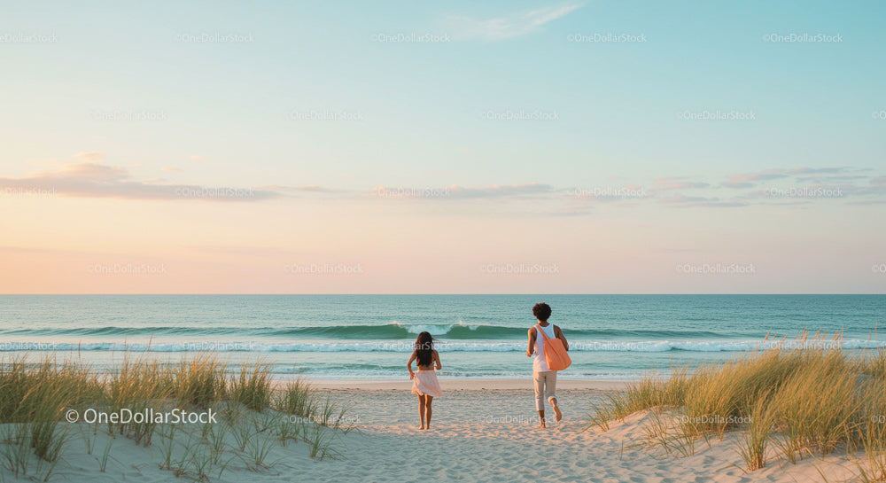 Couple Enjoying a Romantic Sunset Walk on Sandy Beach