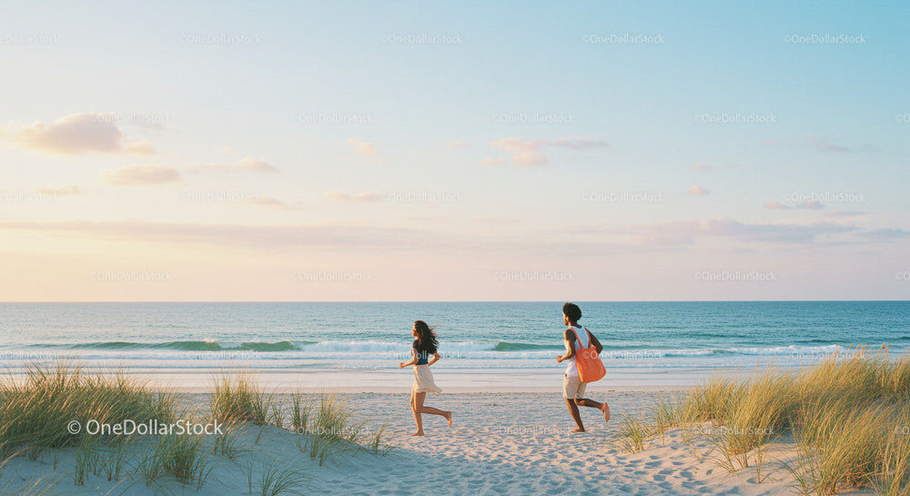 Couple Running on a Sandy Beach at Sunset