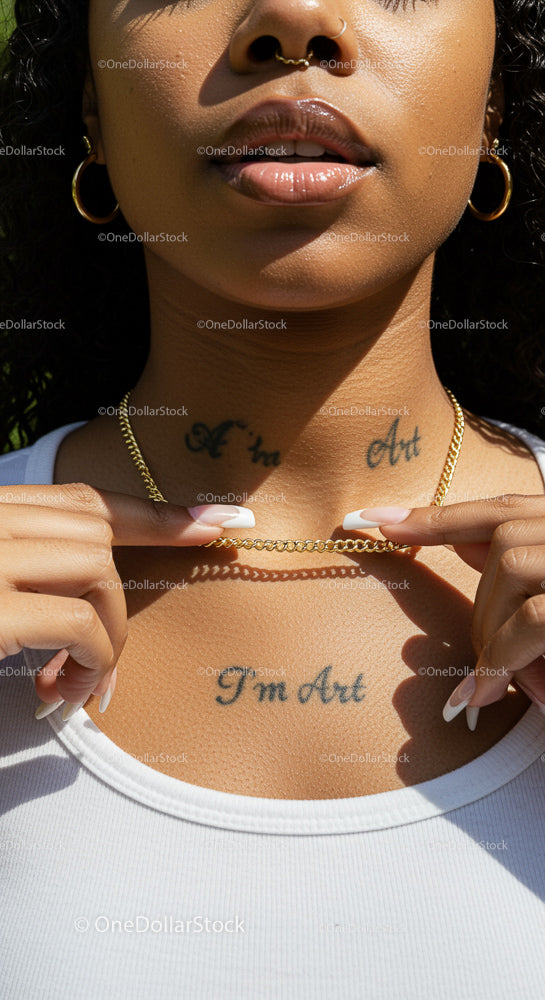 Close-Up of Fashionable Woman with Bold Tattoos and Jewelry