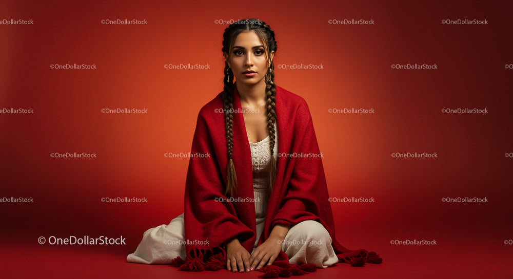 Woman in Traditional Red Shawl with Braided Hair