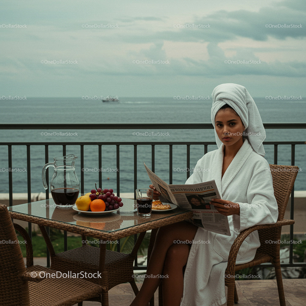 Woman in White Bathrobe Relaxing on Balcony with Ocean View