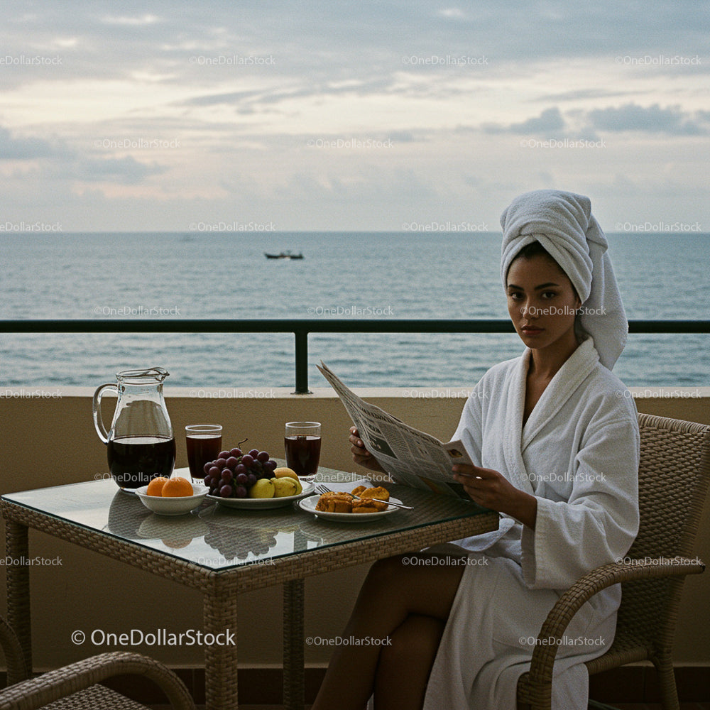 Woman Enjoying Breakfast on Seaside Balcony in Bathrobe