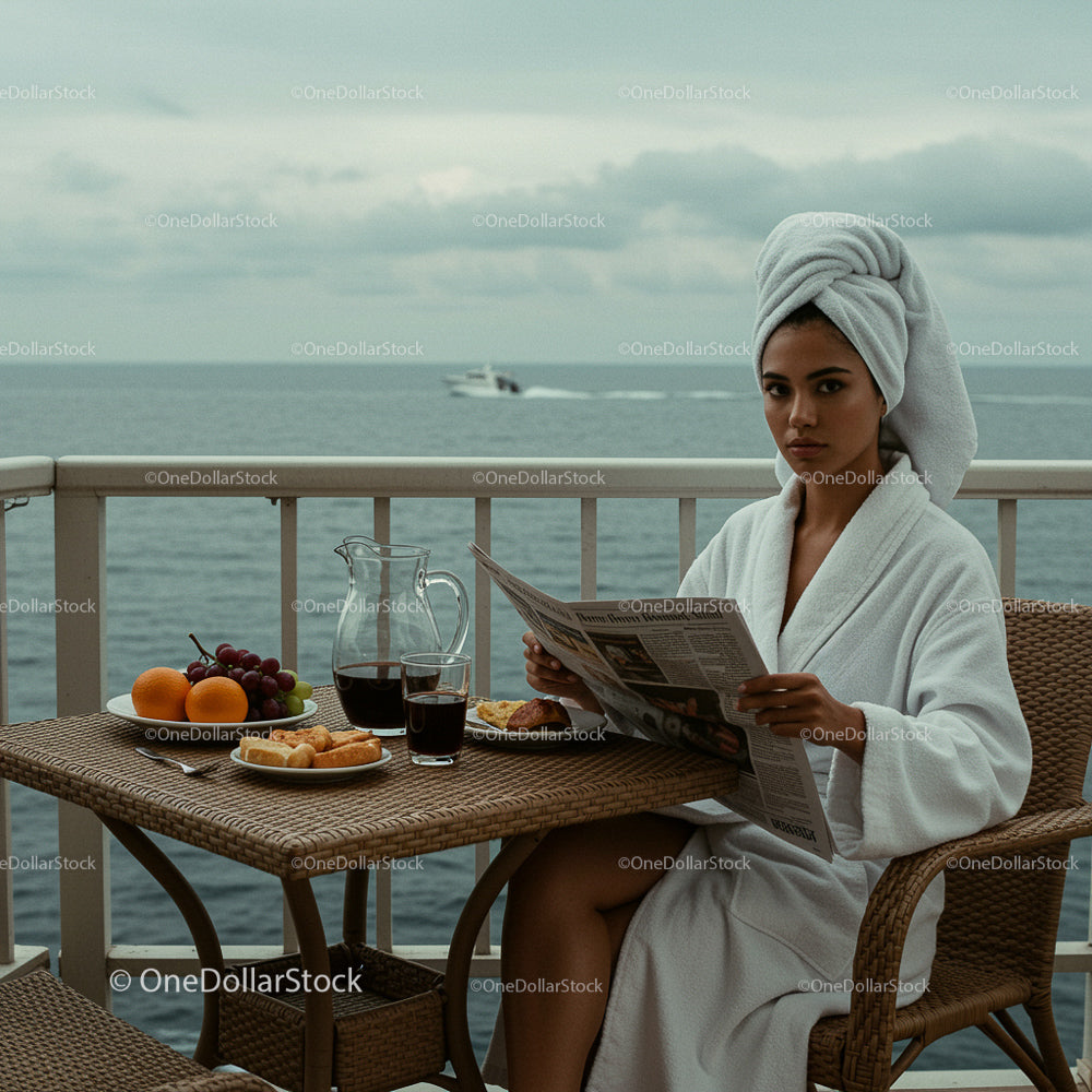 Elegant Woman Enjoying Breakfast on Oceanfront Balcony