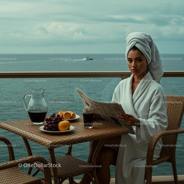Woman in Bathrobe Enjoying Breakfast on Oceanfront Balcony