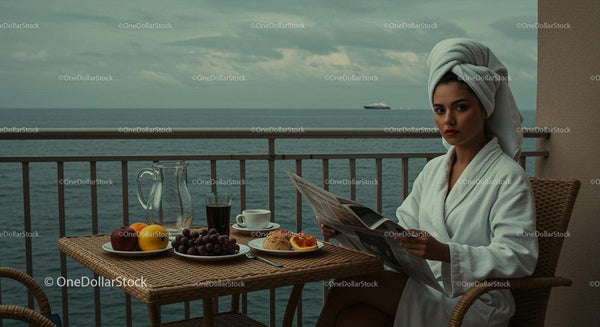Woman Enjoying Breakfast on Balcony with Ocean View