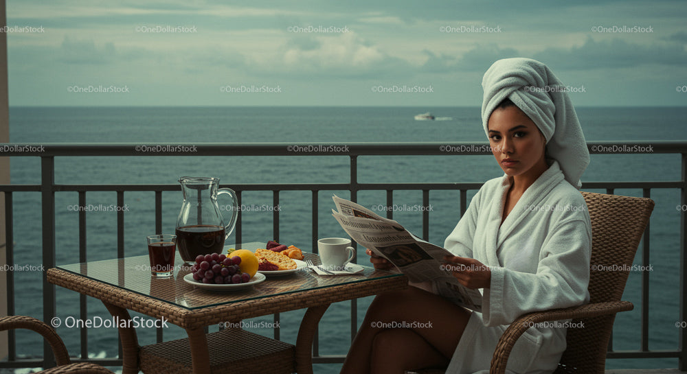 Woman Relaxing with Breakfast on Balcony Overlooking Ocean