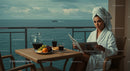 Woman Enjoying Breakfast with Ocean View on Balcony