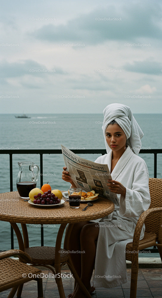 Woman Enjoys Breakfast on Seaside Balcony