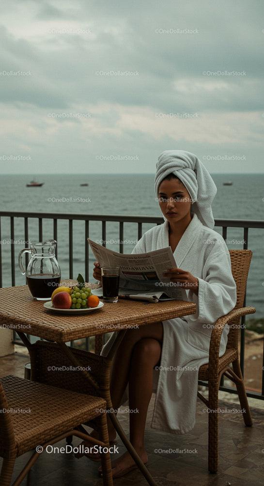 Woman Relaxing in Bathrobe with Ocean View Breakfast