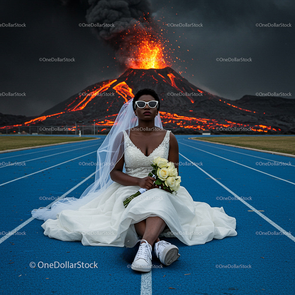 Bride in White Dress with Volcanic Eruption in Background