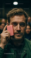 Man Holding Pink Soap with Thoughtful Expression