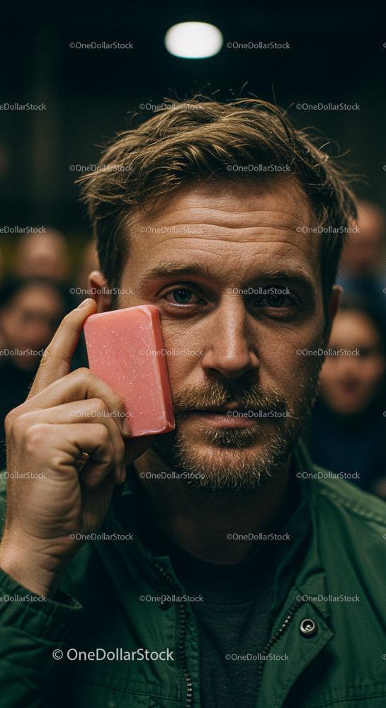Man Holding Pink Soap with Thoughtful Expression