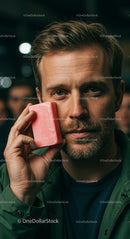 Man Holding Pink Soap with Thoughtful Expression