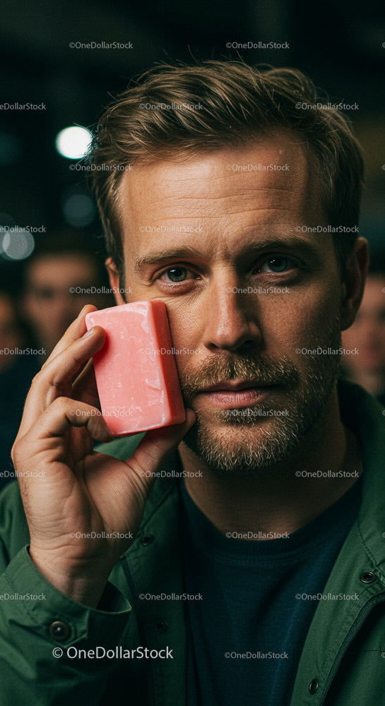 Man Holding Pink Soap with Thoughtful Expression