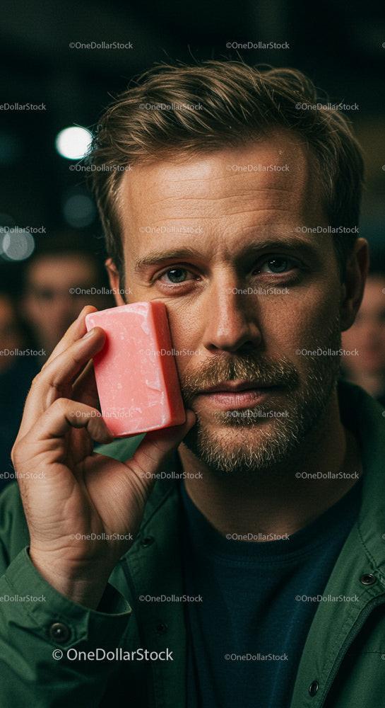 Man Holding Pink Soap with Thoughtful Expression